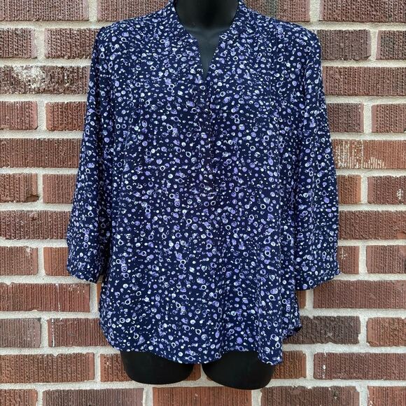 Kim Rogers 3/4 sleeves open half way on front dark blue white/purple spots Sz S - Picture 1 of 10